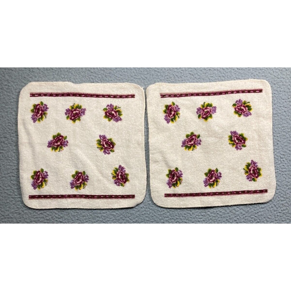 Vintage Cannon Bath Wash Cloths Beige Purple Floral 11 Inch‎ Squares Lot of 2